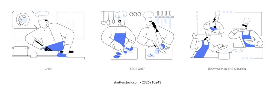 Restaurant kitchen staff abstract concept vector illustration set. Professional chef cooking in the restaurant, sous chef preparing food, teamwork in the kitchen, horeca business abstract metaphor.