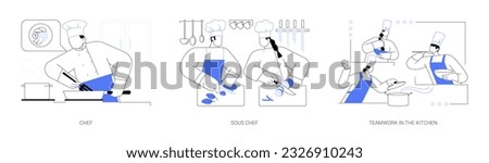 Restaurant kitchen staff abstract concept vector illustration set. Professional chef cooking in the restaurant, sous chef preparing food, teamwork in the kitchen, horeca business abstract metaphor.