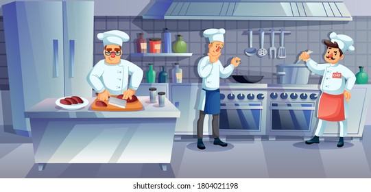 Restaurant kitchen staff character cooking. Master chef professional team preparing dinner, boiling soup, cutting meat, seasoning dish. Furniture interior, utensils. Commercial catering service