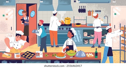 Restaurant kitchen staff. Commercial catering service professional cook team prepares food dishes, restaurants industry people working cooker interior, classy vector illustration original artwork