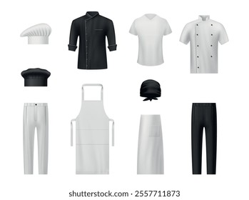 Restaurant kitchen staff uniform cookery and chef clothes set realistic vector illustration. Culinary employee black and white costume outfit hat shirt bandana trousers apron serving wear