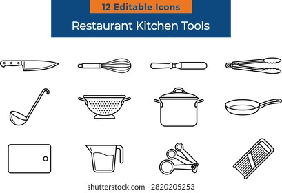 Restaurant kitchen tools and culinary utensils outline vector icon set for cooking recipe websites or culinary guides