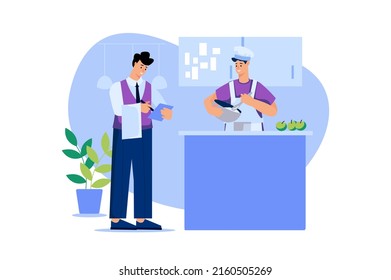 Restaurant kitchen web concept in flat design. Chef in cap and apron works at table, cooking and prepares exquisite dish of ingredients. Waiter brings customer's order for dinner. Vector illustration