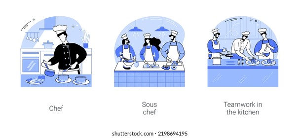 Restaurant kitchen work isolated cartoon vector illustrations set. Professional chef cooking, inventing new dish, sous chef prepares food, teamwork, working together, horeca business vector cartoon.