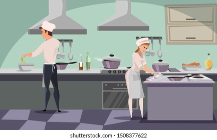 Restaurant kitchen workers vector illustration. Chef and assistant in white apron cooking dishes cartoon characters. Female sous chef cutting fish steaks. Professional cafe equipment and cutlery