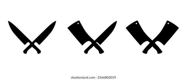 Restaurant knives set. Knife silhouette vector designs. Meat knives. Chef's knife and Meat cleaver. Butcher knife icons with x shape, vector illustration