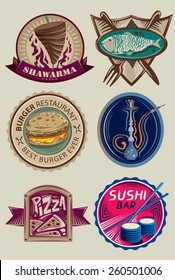 Restaurant Label Collection, Shawarma Menu, Sushi Bar, Sea Food, Hookah Bar, Burger Restaurant, And Pizza (Vector Art)