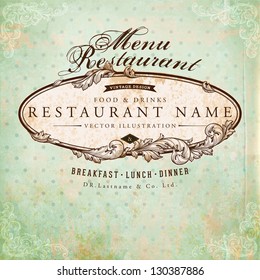 Restaurant label design with old floral frame for vintage menu design