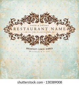 Restaurant label design with old floral frame for vintage menu design