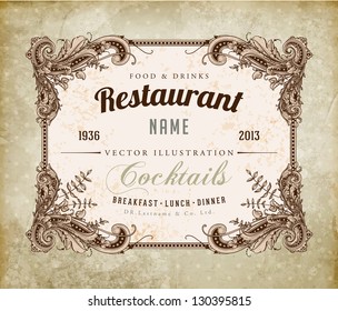 Restaurant label design with old floral frame for vintage menu design