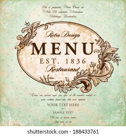 Restaurant Label Design with Old Floral Frame for Vintage Menu Design