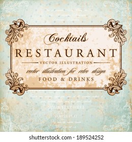 Restaurant Label Design with Old Floral Frame for Vintage Restaurant Design