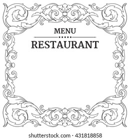 Restaurant label design with old floral frame for vintage menu design. Menu template. Menu designs.
