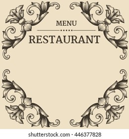Restaurant label design with old floral frame for vintage menu design
