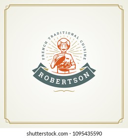 Restaurant label design vector illustration. Chef man holding dish silhouette, good for restaurant menu and cafe badge. Vintage typography logo template.