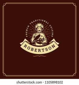 Restaurant label design vector illustration. Chef man holding dish silhouette, good for restaurant menu and cafe badge. Vintage typography logo template.