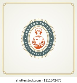 Restaurant label design vector illustration. Chef man holding dish silhouette, good for restaurant menu and cafe badge. Vintage typography logo template.