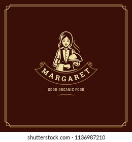 Restaurant label design vector illustration. Waitress holding cloche tray silhouette, good for restaurant menu and cafe badge. Vintage typography logo template.