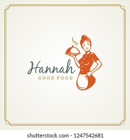 Restaurant label design vector illustration. Waitress holding cloche tray silhouette, good for restaurant menu and cafe badge. Vintage typography logo template.