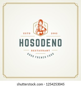 Restaurant label design vector illustration. Waitress holding cloche tray silhouette, good for restaurant menu and cafe badge. Vintage typography logo template.
