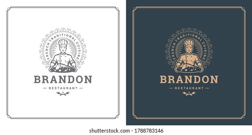 Diseño de etiqueta de restaurante ilustración vectorial chef hombre con silueta de plato, buena para menú de restaurante y placa de café. Plantilla de emblema de tipografía de época con decoración y símbolos.