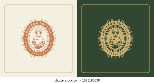Restaurant label design vector illustration chef man holding salad dish silhouette good for restaurant menu and cafe badge. Vintage typography emblem template with decoration and symbols.
