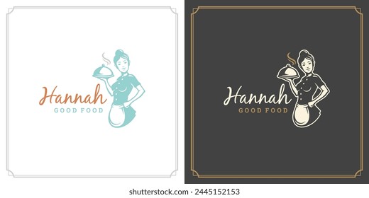 Restaurant label design vector illustration waitress holding cloche tray silhouette, good for restaurant menu and cafe badge. Vintage typography emblem with decoration and symbols.