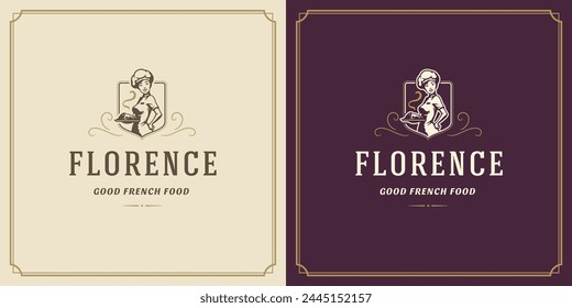 Restaurant label design vector illustration chef woman holding dish plate silhouette, good for restaurant menu and cafe badge. Vintage typography emblem with decoration and symbols.