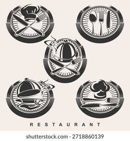 Etiqueta de restaurante y conjunto de iconos. Colección Icon Restaurant. Vector