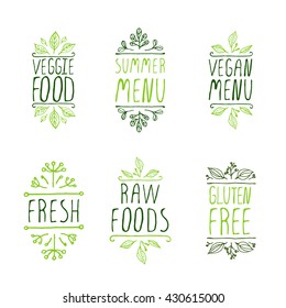 Restaurant labels. Suitable for ads, signboards, menu and web banner designs. Veggie food. Summer menu. Vegan menu. Fresh. Gluten free. Raw foods.
