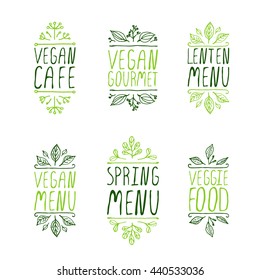 Restaurant labels. Suitable for ads, signboards, menu and web banner designs. Veggie food. Spring menu. Vegan cafe. Vegan menu. Lenten menu. Vegan gourmet