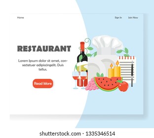 Restaurant landing page template. Vector flat style design concept for cafe or restaurant website and mobile site development. Chef hat, candles, wineglasses, wine bottle, crockery, notepad with pen.