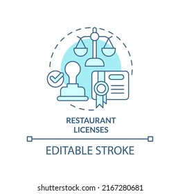 Restaurant licenses turquoise concept icon. Opening food service establishment step abstract idea thin line illustration. Isolated outline drawing. Editable stroke. Arial, Myriad Pro-Bold fonts used