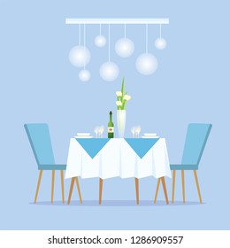 Restaurant with light color decoration interior vector. Fine cuisine, vase with flowers and bottle of alcoholic drink champagne banquet for celebration