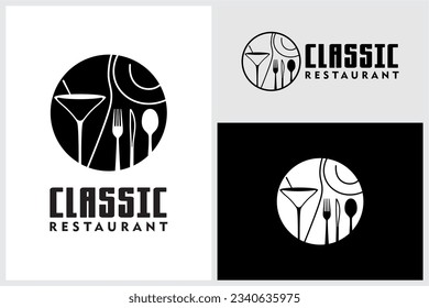 Logotipo de arte de la línea de restaurante con vidrio de la Cuchara de forja Knife de vidrio para cenar