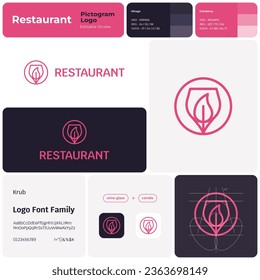 Restaurant line business logo with brand name. Wineglass and candle icon. Design element and visual identity. Template with krub font. Suitable for food chain, bar, restaurant, eatery.