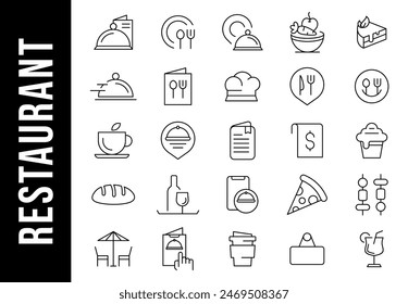 Restaurant Line Editable Icons set. Vector illustration in modern thin line style of public catering related icons: menu categories, table reservations, food and drinks