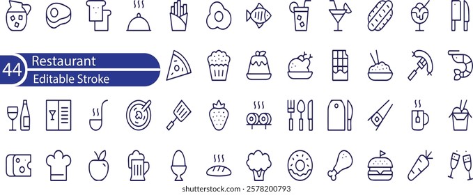 Restaurant Line Editable Icons set. Vector illustration in modern thin line style of public catering related icons , menu categories, table reservations, food and drinks, and more.