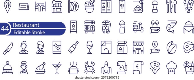 Restaurant Line Editable Icons set. Vector illustration in modern thin line style of public catering related icons , menu categories, table reservations, food and drinks, and more.