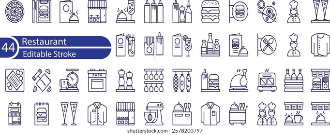 Restaurant Line Editable Icons set. Vector illustration in modern thin line style of public catering related icons , menu categories, table reservations, food and drinks, and more.