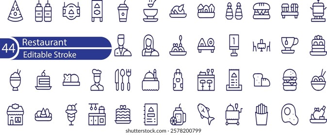 Restaurant Line Editable Icons set. Vector illustration in modern thin line style of public catering related icons , menu categories, table reservations, food and drinks, and more.