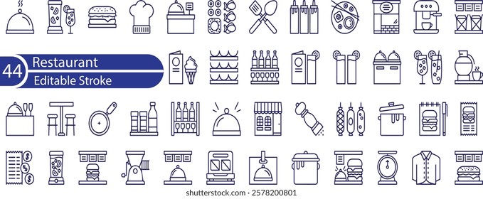 Restaurant Line Editable Icons set. Vector illustration in modern thin line style of public catering related icons , menu categories, table reservations, food and drinks, and more.