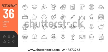 
Restaurant Line Editable Icons set. Vector illustration in modern thin line style of public catering related icons: menu categories, table reservations, food and drinks, and more. 