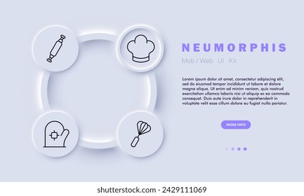 Icono de línea de restaurante. Auténtico, tradicional, contemporáneo, rodillo, mitón, batidor, tapa. Estilo neomorfista. Icono de línea vectorial para negocios y publicidad