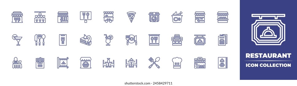 Restaurant line icon collection. Editable stroke. Vector illustration. Containing cocktail, table reservation, guest, cake, restaurant, table, chef hat, cutlery, flyer, burger, french fries, menu.