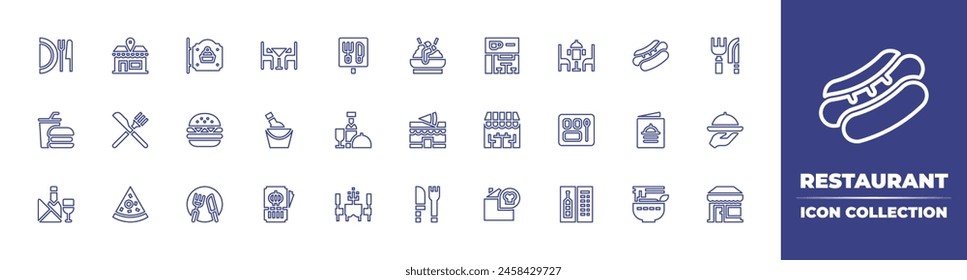 Restaurant-Linie Symbol Kollektion. Bearbeitbarer Strich. Vektorillustration. Enthalten Fast Food, Speisekarte, Essensgeschirr, Besteck, Wein, Restaurant, Burguer, Pho, Pizza, Champagner, Rechnung, Pizzeria, Weinkarte.