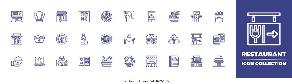 Restaurant line icon collection. Editable stroke. Vector illustration. Containing dining table, pizza, terrace, cafe, rice bowl, toast, burger, menu, restaurant, potato, vodka, napkin.