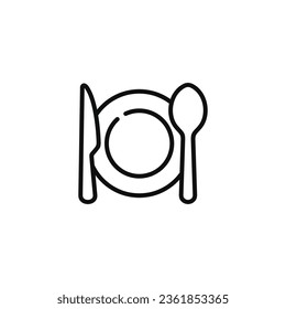 Restaurant line icon isolated on white background. Spoon, knife, and plate icon