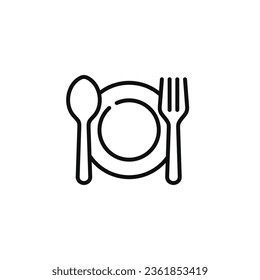 Restaurant line icon isolated on white background. Spoon, fork, and plate icon