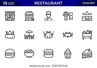 Conjunto de iconos de línea de restaurante. Café, bistró. Colección de iconos lineales. Trazo editable. Ilustración vectorial. Paquete de iconos de contorno delgado. 